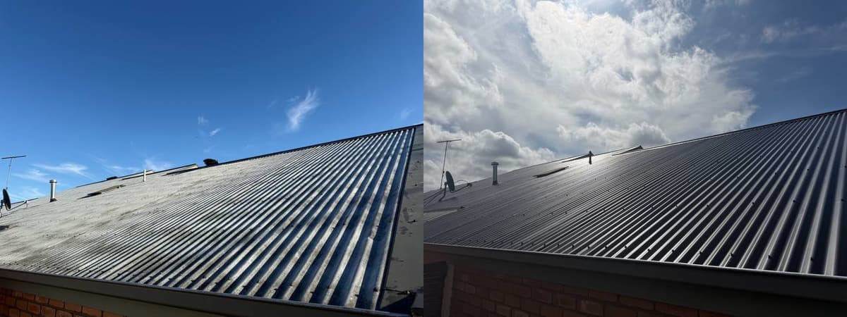 Before and after metal roof restoration Sunbury – Skyways Roofing